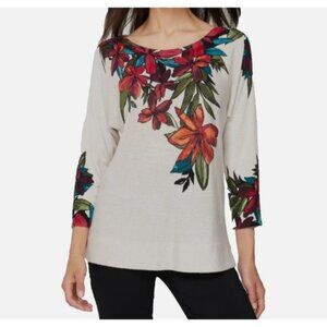 Women's Chico's Sz 1 Touch Cashmere Pacific Floral Sweater Top Tropical Tan